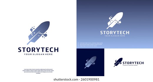 pen feather silhouette logo with modern technology style, molecular flakes, signature, vector graphic design.
