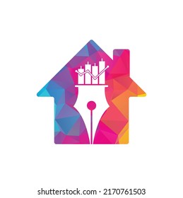 Pen Finance Home Shape Concept Logo Design Icon Vector. Pen Graph Or Financial Education Vector Logo Template.