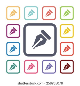 pen flat icons set. Open round colorful buttons. Vector 
