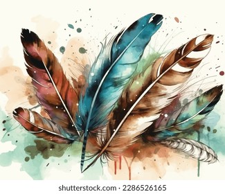 Pen in the form of the bird's feather on the beige background. Vector illustration feathers in watercolor painting style.