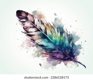 Pen in the form of the bird's feather on the beige background. Vector illustration feathers in watercolor painting style.