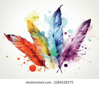 Pen in the form of the bird's feather on the beige background. Vector illustration feathers in watercolor painting style.