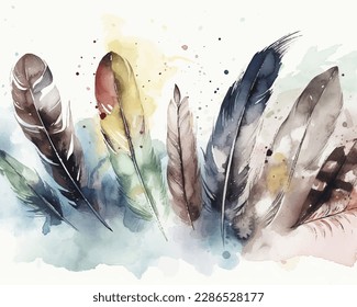 Pen in the form of the bird's feather on the beige background. Vector illustration feathers in watercolor painting style.