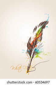 Pen in the form of the bird's feather on the beige background. Vector illustration.