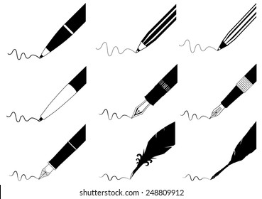 pen, fountain pen, feather for writing and bank of ink icons in black and white style