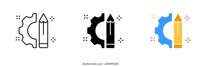 Pen with gear set icon. Control panel, cube, art, inspiration, scroll, book, instruction, website, tune, install, adjust, configuration file. Vector icon in line, black and colorful style