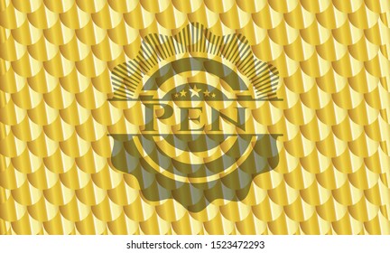 Pen gold emblem. Scales pattern. Vector Illustration. Detailed.