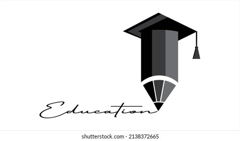 Pen and Graduation cap with lettering Education in minimal style. Concept of Education symbol. Academic cap or student hat and pen on white background with place for text for banner and poster. Vector