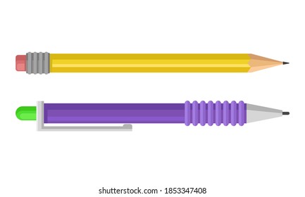 Pen and Graphite Pencil as Writing or Drawing Instrument Vector Set