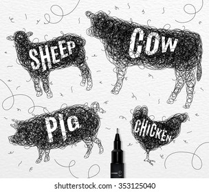 Pen hand drawing tangle wild animals chicken, cow, pig, sheep,  with inscription animals drawing on paper background