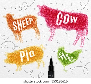 Pen hand drawing tangle wild animals chicken, cow, pig, sheep with inscription names drawing with color ink on paper background