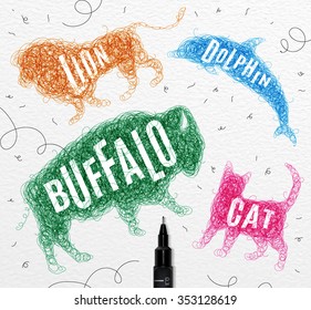 Pen hand drawing tangle wild animals buffalo, cat, dolphin, lion,  with inscription names drawing with color ink on paper background
