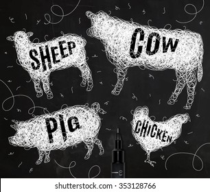 Pen hand drawing tangle wild animals chicken, cow, pig, sheep,  with inscription names drawing with white ink on black background