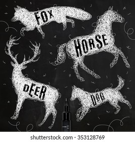 Pen hand drawing tangle wild animals deer, horse, fox, dog  with inscription names drawing with white ink on black background