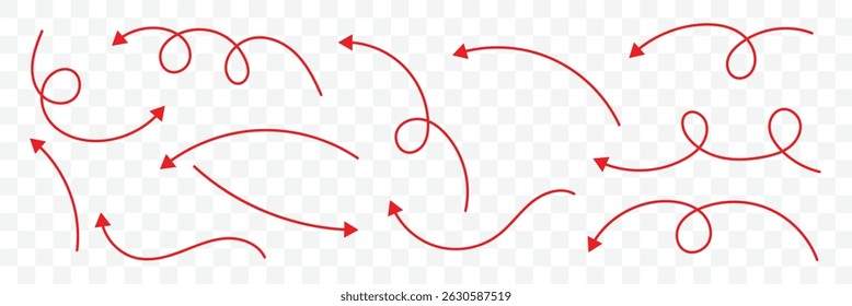 Pen hand drawn arrows set. Curvy and wavy arrows isolated. Hand drawn arrow vector icons set. Vector illustrator