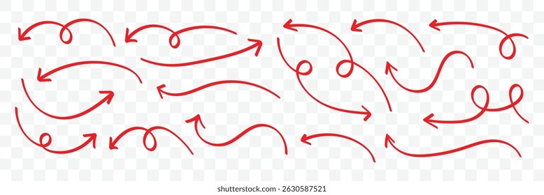 Pen hand drawn arrows set. Curvy and wavy arrows isolated. Hand drawn arrow vector icons set. Vector illustrator