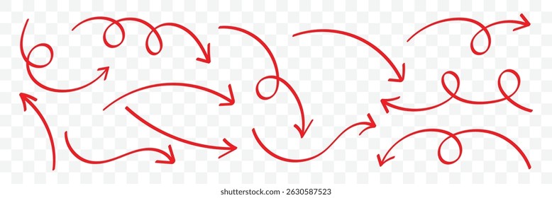Setas desenhadas à mão da caneta ajustadas. Curvas e setas onduladas isoladas. Ícones de vetor de seta desenhada à mão definidos. Ilustrador de vetor
