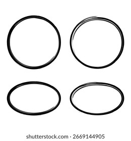 Marcas de doodle dibujadas a mano a mano, círculo negro y juego de trazos ovalados. Símbolo de Clipart de línea de dibujo negro de contorno