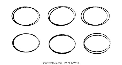  marcas de rabiscar desenhadas à mão da caneta, círculo vermelho e traçado oval definidos. Contorno de linha de desenho vermelha símbolo clipart