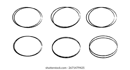 pen hand drawn doodle marks, red circle and oval stroke set. Outline red drawing line clipart symbol