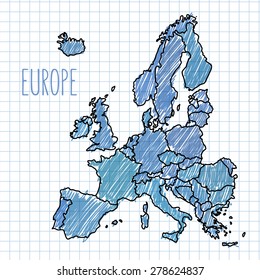 Pen hand drawn Europe map vector on paper  illustration