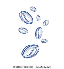 Pen hand drawn falling coffee beans. Doodle style vector frame. Hand drawing style coffee isolated on white background made of coffee beans illustrations. Vector design element for different designs.