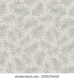 Pen hand drawn green leaves repeat pattern. Textile print, design for invitation, wrapping paper or abstract  grey background. Grunge block stamped style