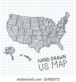 Pen hand drawn USA map vector on paper illustration.