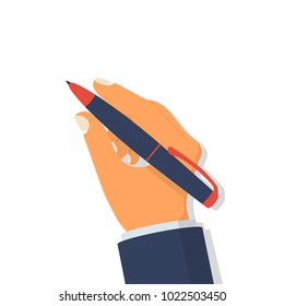 Pen in hand. Man holding pencil. Vector illustration, flat design. Writing template. Template for writing text, drawing. Signature of the document. Isolated on white background. Take note.