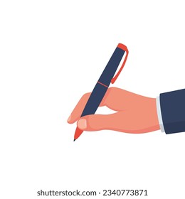 Pen in hand. Man holding pencil. Vector illustration, flat design. Writing template. Template for writing text, drawing. Signature of the document. Isolated on white background. Take note.