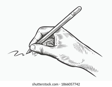 Pen in hand sketch. Drawing, writing vintage vector illustration