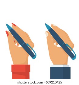 Pen in hand women and man. People holding pencil for writing, drawing. Writer, journalist, student. Set flat design style. Vector illustration. Isolated template on white background.