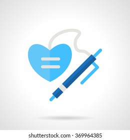 Pen with heart shaped blank label. Romantic greetings. Valentines Day series. Vector icon flat style blue color. Element for web design, business, mobile app.