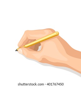 Pen in her hand. The hand writes or draws. Isolated vector illustration on white background for your web design or print