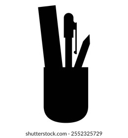 Pen Holder with Assorted Pens on Office Desk