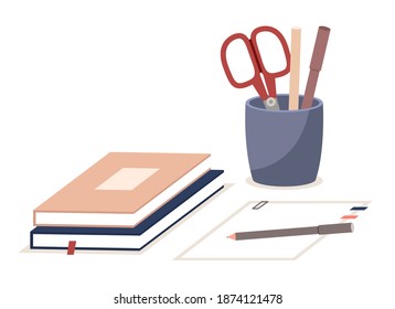 Pen holder, books, paper office equipment. Scissors, pencils in vertical plastic box. Office and home supply stationery and education. Vector illustration flat style isolated on white background