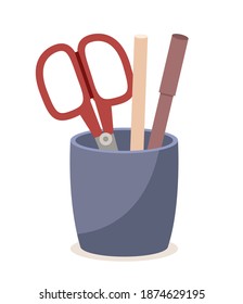 Pen holder dark blue office equipment. Scissors, pen or pencils in vertical plastic box. Office and home supply stationery and education. Vector illustration flat style isolated on white background
