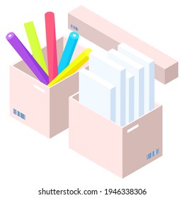 Pen holder, office equipment. Pencils and stacks of paper in plastic box vector illustration