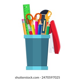 Pen holder office equipment. Ruler, knife, pencil, pen, scissors. Office supply stationery and education. Vector illustration flat style