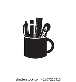 Pen Holder with ruler and scissors simple icon. Editable vector