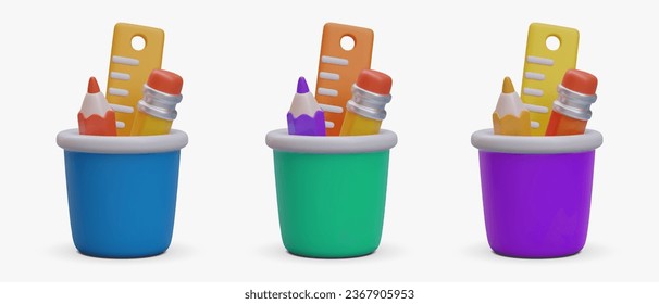 Pen holders. Realistic office cups with pencils, rulers. Organization of order on desk. Office supplies. Pencil cup. Colored vector icons. Isolated illustration on white background