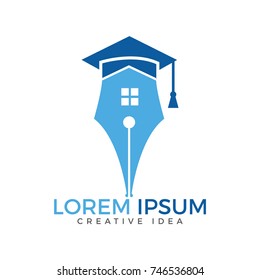 Pen And Home Logo Design. Education Logo Concept With Pen And Home.