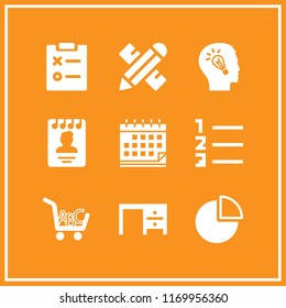 pen icon. 9 pen vector set. notepad, having an idea, desk and quarter pie chart icons for web and design about pen theme