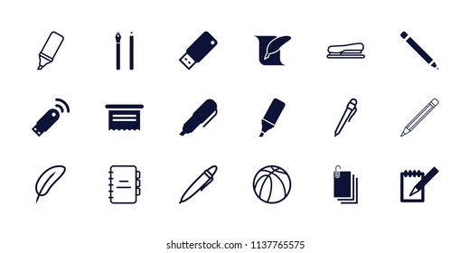 Pen icon. collection of 18 pen filled and outline icons such as document, notebook, highlighter, usb drive, usb signal, feather. editable pen icons for web and mobile.