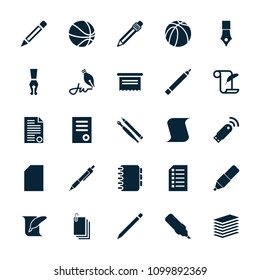 Pen icon. collection of 25 pen filled icons such as document, feather and paper, paper, basketball, notebook. editable pen icons for web and mobile.