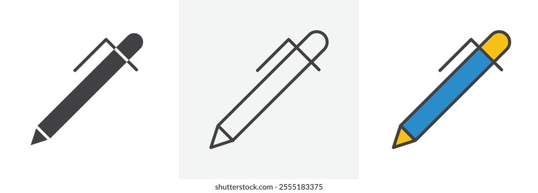 Pen icon collection in black and colored style.