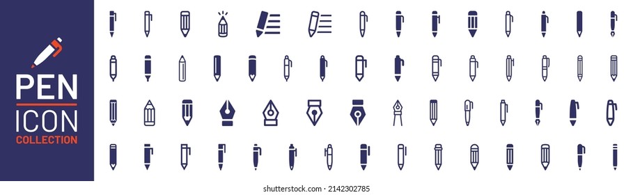 Pen icon collection. Stationery tool symbol isolated on white background.