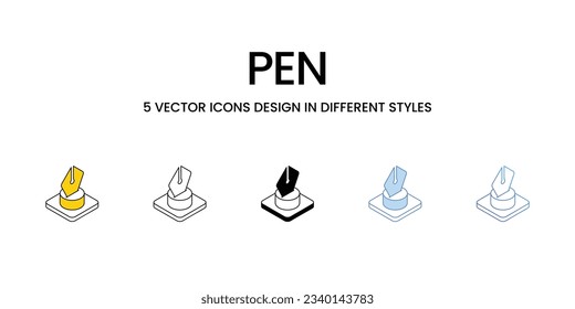 Diseño de iconos de la pluma en estilo Cinco con pulsación editable. Línea, Sólido, Línea plana, Color de tono Duo y Línea de degradado de color. Adecuado para diseño de páginas Web, aplicaciones móviles, UI, UX y GUI.