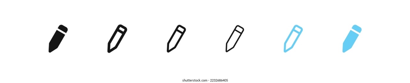 Icono de la pluma. Editar el signo del lápiz. Escribe en el símbolo de papel. Iconos de dibujo. Color negro y azul. Signo aislado del vector.
