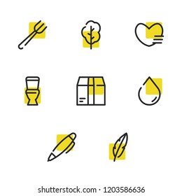 Pen icon with favorite, water drop and toilet symbols. Set of kitchenware, cardboard, box icons and quill concept. Editable vector elements for logo app UI design.